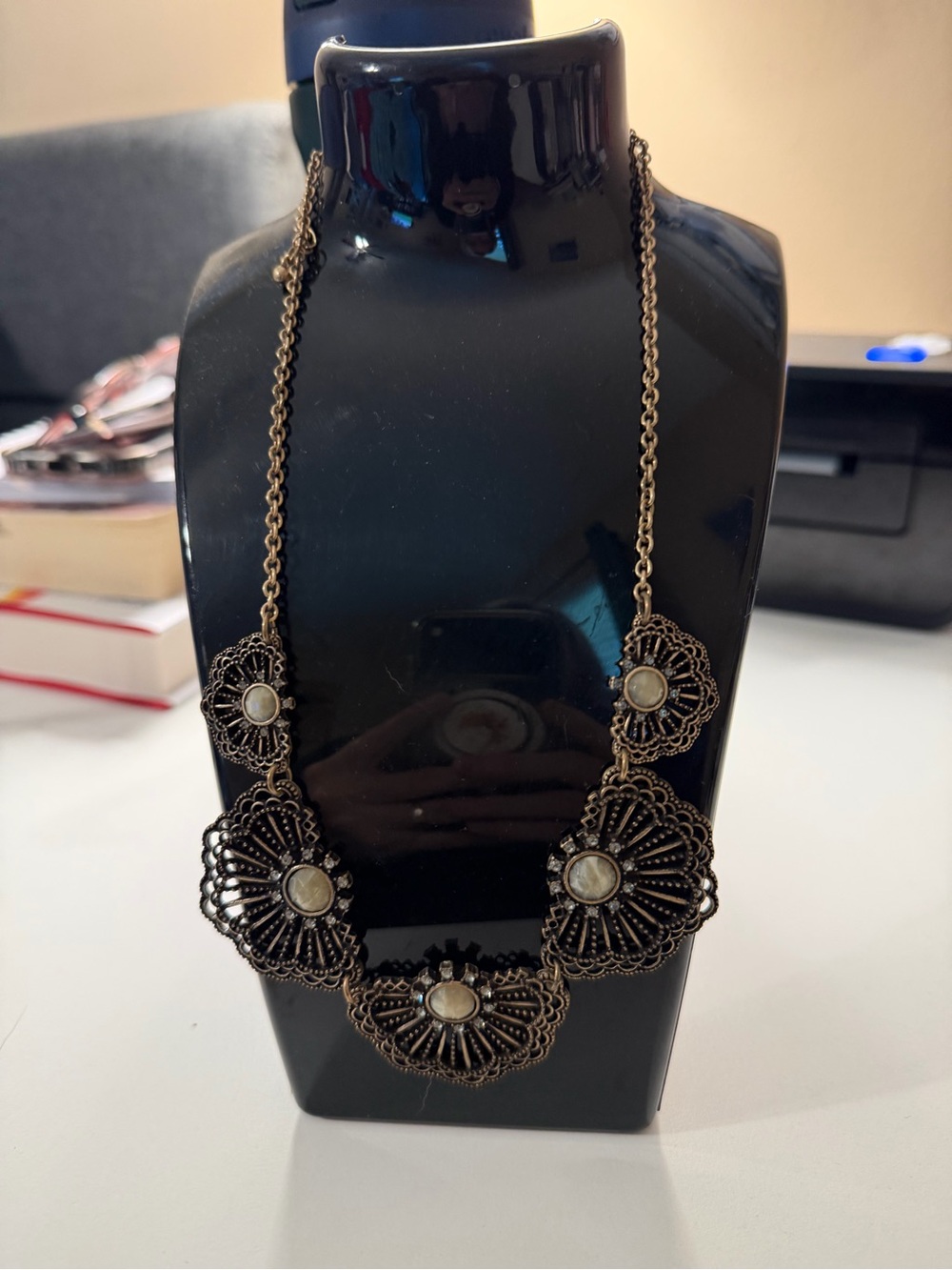 Source Unknown Brass Filigree Necklace with Ivory-Toned Accents